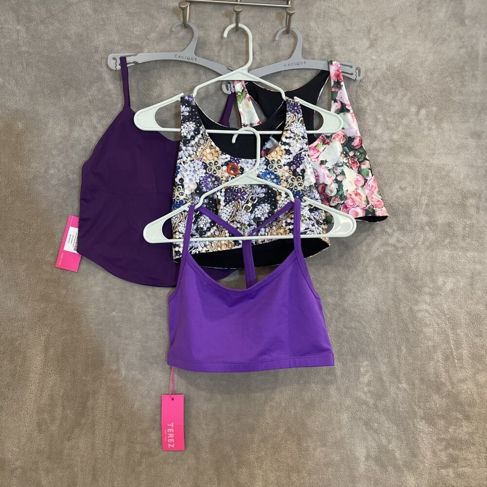 Lot Of 4 NWT , NWOT TEREZ Women's Sz M , 2 Purple,2 Floral Sports Bra Beach Day